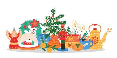 Weihnachten Konzept. feiern Winter Jahreszeit Urlaub mit dekoriert Tanne Baum, Geschenk Kisten, Kranz, Tee und Spielzeuge. traditionell Weihnachten Attribute vektor