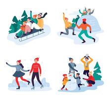 Winter Aktivitäten. glücklich Familie Mitglieder haben Spaß draussen. Menschen Reiten Schlitten, Herstellung Schneemann, Skaten vektor