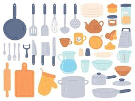Geschirr und Utensilien. Kochen Backen Küche Werkzeug. Koch Koch Ausrüstung Pfanne, Schüssel, Kessel und Topf, Messer und Besteck, eben Vektor einstellen