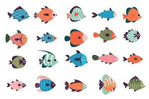 exotisch Fisch Sammlung. Karikatur Marine unter Wasser Tierwelt, bunt Ozean Leben Figuren, Fisch Zoo Dekor und Tierwelt Konzept. Vektor einstellen