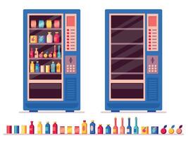 full försäljning maskin. automatisk mellanmål och dryck dispenser med snacks och drycker, färsk kall och varm Produkter. vektor försäljning maskin med snacks och drycker uppsättning