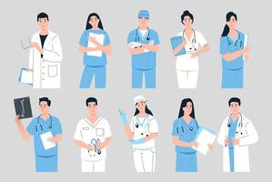 Arzt Porträts. Karikatur medizinisch Praktiker im Blau und Weiß Uniform und mit Stethoskope, medizinisch Klinik Ärzte Sachen. Vektor einstellen
