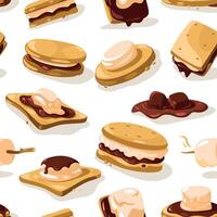 smore mönster. sömlös skriva ut av nostalgisk amerikan lägereld smores efterrätt, kracker choklad Graham marshmallow. vektor picknick mat textur