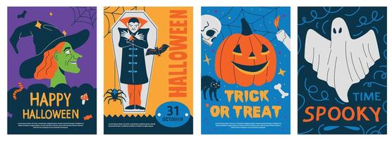 Halloween Plakate. abstrakt Kunst druckt unheimlich traditionell Symbole und Text, Herbst Kostüm Party Flyer Gruß Karte Design. Vektor isoliert Sammlung