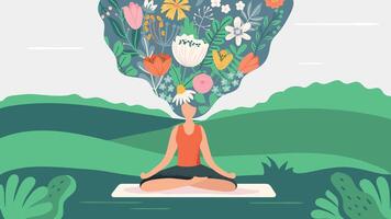 Yoga Übung auf Natur. Frau Sitzung im Lotus Position meditieren mit Blumen im Haar. Karikatur weiblich Charakter vektor