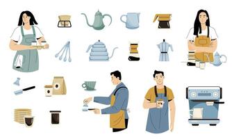 Barista mit Ausrüstung. Cafe Arbeitskräfte vorbereiten Kaffee und andere Getränke, Cafe und Kaffee Geschäft Zeichen mit Tassen Geräte. Vektor einstellen