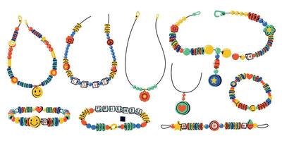 barn halsband. hand tillverkad häftig barn pärlor armband hängsmycke tecknad serie stil, handgjort skinande hippie Tillbehör crafting hobby begrepp. vektor uppsättning