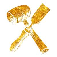 Hand gezeichnet Meißel und Hammer Symbol Holzbearbeitung Werkzeug im Gold vereiteln Textur Vektor Illustration