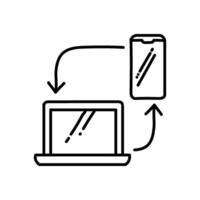 Laptop und Clever Telefon synchronisieren Symbol. Hand gezeichnet Vektor Illustration. editierbar Linie Schlaganfall.