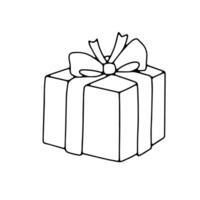 Gekritzel Gliederung Geschenk Box mit Bogen. Hand gezeichnet Linie Illustration isoliert auf Weiß Hintergrund. Überraschung zum Weihnachten oder Geburtstag vektor