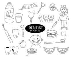 uppsättning av dental klotter illustrationer. rolig sjuksköterska skisser, tandborste och tandkräm, tand och dental flock. vektor