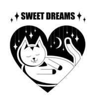 schwarz und Weiß Illustration von ein Schlafen Katze Innerhalb ein Herz. Süss Träume. Design Element. Tätowierung. minimalistisch Vektor Illustration