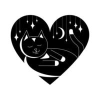 schwarz und Weiß Illustration von ein Schlafen Katze Innerhalb ein Herz. Süss Träume. Design Element. Tätowierung. minimalistisch Vektor Illustration