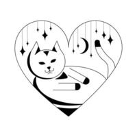 schwarz und Weiß Illustration von ein Katze Innerhalb ein Herz. Süss Träume. Design Element. Tätowierung. minimalistisch Vektor Illustration