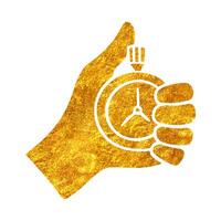 Hand gezeichnet Hand halten Stoppuhr Symbol im Gold vereiteln Textur Vektor Illustration