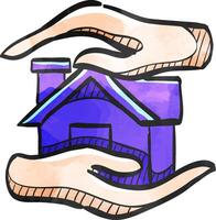 Eigentum Pflege Symbol im Farbe Zeichnung. Haus Mensch Hand Palme Versicherung Schutz vektor