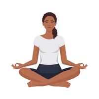 glücklich Frau mit geschlossen Augen Sitzung im Lotus Position üben Yoga Vektor eben Illustration. lächelnd weiblich mit gekreuzt Beine meditieren auf Matte isoliert auf Weiß.