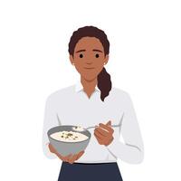 Frau Essen gebraten Reis mit Löffel im eben Design auf Weiß Hintergrund. asiatisch Mittagessen Mahlzeit. vektor