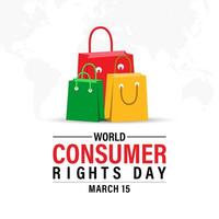 Welt Verbraucher Rechte Tag Poster Design. Einkaufen Tasche und Verbraucher Hand mit Welt Karte. Banner Poster, Flyer und Hintergrund Design. vektor
