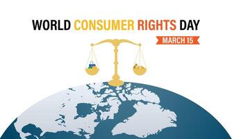 värld konsument rättigheter dag affisch design. handla väska och konsument hand med värld Karta. baner affisch, flygblad och bakgrund design. vektor