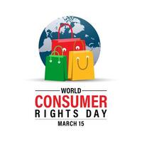 värld konsument rättigheter dag affisch design. handla väska och konsument hand med värld Karta. baner affisch, flygblad och bakgrund design. vektor