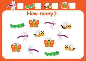 på vilket sätt många bin, fjärilar, sländor och larver här. räkning spel för barn. matematik kalkylblad för förskolebarn. vektor