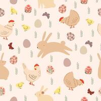 süß Ostern Hase und Hähnchen im Eier Garten Hand gezeichnet Vektor Illustration zum nahtlos wiederholen Muster Hintergrund Mauer Kunst Mauer Papier Sammelalbum Papier wickeln