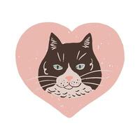 süß schwarz und Weiß Katze Zeichnung. Katze Kopf im ein Herz. Haustier Liebe. Valentinstag Tag. Katze drucken zum Tier Liebhaber. vektor