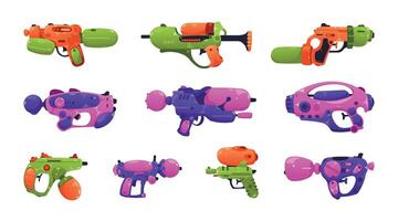 Wasser Waffe. Karikatur Plastik Spielzeug Waffen zum Kinder eben Stil, Kinder Spiel Pistole mit nass sprühen Pumpe Pistolen. Vektor bunt isoliert Sammlung