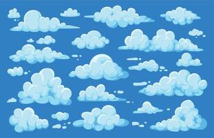tecknad serie moln. spel ui tillgång med himmel himmel scen, sommar molnig bakgrund med stackmoln moln. vektor 2d sprite uppsättning av ånga, dimma och rök