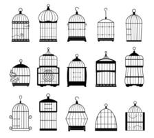 leeren Vogel Käfig Silhouetten. süß Vogel Haus zum anders Typen von Vögel, dekorativ Metall Käfig zum inländisch Kanarienvogel Symbol. Vektor isoliert einstellen