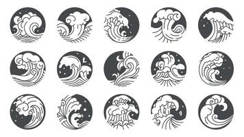 japansk vågor logotyp. orientalisk traditionell dekorativ Vinka mönster för sushi Kafé och restaurang, abstrakt vatten krusning mönster. vektor isolerat uppsättning