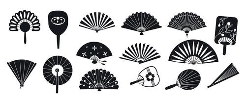 orientalisk fläktar silhuetter. asiatisk traditionell hand fans, elegant orientalisk japansk svartvit dekorativ element. vektor isolerat uppsättning