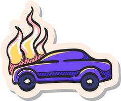 hand dragen bil på brand ikon i klistermärke stil vektor illustration