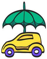 Auto und Regenschirm Symbol im Hand gezeichnet Farbe Vektor Illustration