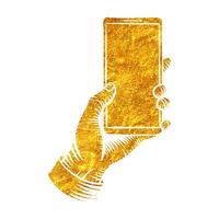 Hand gezeichnet Hand halten Clever Telefon Vorlage Jahrgang skizzieren im Gold vereiteln Textur Vektor Illustration