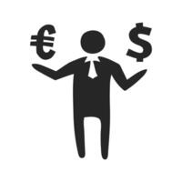 Hand gezeichnet Geschäftsmann halten Euro und Dollar Zeichen Vektor Illustration