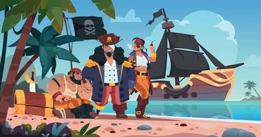 Piraten auf Insel. Karikatur Kinder Hintergrund mit Korsaren und Pirat Zeichen auf Meer Strand mit Schatz Truhe Fernglas Schwert und Kanone. Vektor Illustration