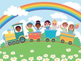 tecknad serie dagis Lycklig barn rida på leksak tåg. Lycklig barn Sammanträde i vagnar under regnbåge i himmel vektor