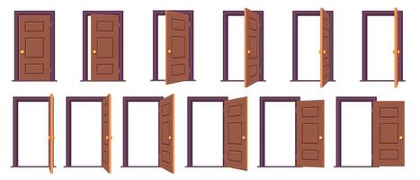 öffnen Tür Reihenfolge. Karikatur Schritte zum Animation von Eingang und Ausfahrt durch Tür, Weiß Frames zum Sprite Spiel Anlage. Vektor isoliert einstellen