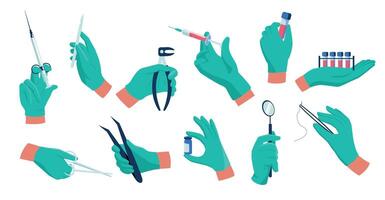 läkare händer. medicinsk arbetstagare i steril sudd handskar med spruta och terapeutisk verktyg, sjukvård vaccination sjukdom behandling begrepp. vektor uppsättning