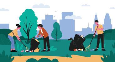 volontärer rengöring upp parker, plocka upp skräp. illustration av skräp i parkera, sopor och skräp, miljö rengöring och volontär vektor