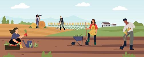 landwirtschaftlich Arbeitskräfte Arbeit auf Bauernhof Landschaft, sammeln Ernte vektor