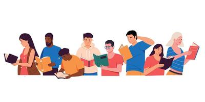 Menschen Gruppe mit Bücher. Karikatur Männer und Frauen halten und lesen Bücher, Selbsterziehung Konzept vektor