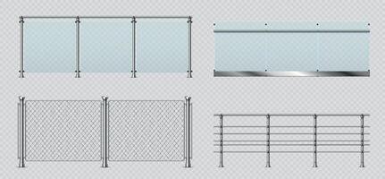 realistisch Glas und Metall Balkon Geländer, Draht Zaun. transparent Terrasse Balustrade mit Stahl Geländer. Schwimmbad Fechten Abschnitte Vektor einstellen