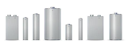 3d metallisk elektrisk cylinder batterier, aa, aaa och aaaa. alkalisk kemisk avgift cell 9v, dc. realistisk kraft batteri attrapp vektor uppsättning