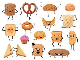 Brot Figuren. komisch Karikatur Bäckerei Produkte, Brote, Toast und Süss Gebäck. Frühstück Croissant und Muffin mit süß Gesichter Vektor einstellen
