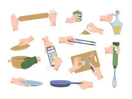 Hände Geschirr Satz. weiblich Hände halten Utensilien und kulinarisch Zubehör, Kochen und mit Küche Objekte. Vektor isoliert einstellen