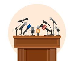 Tryck konferens podium. tribun för debatt högtalare med journalist mikrofon. plattform för intervju eller offentlig meddelande vektor begrepp