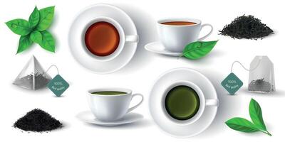realistisk 3d kopp med grön och svart te, löv och pyramid tepåse. koppar med varm dryck sida och topp se. torr ört- te pålar vektor uppsättning